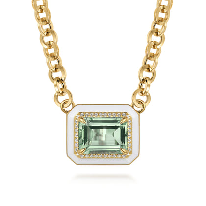 Enamel - 14K Yellow Gold Diamond and Green Amethyst Necklace With Flower Pattern J-Back and White Enamel