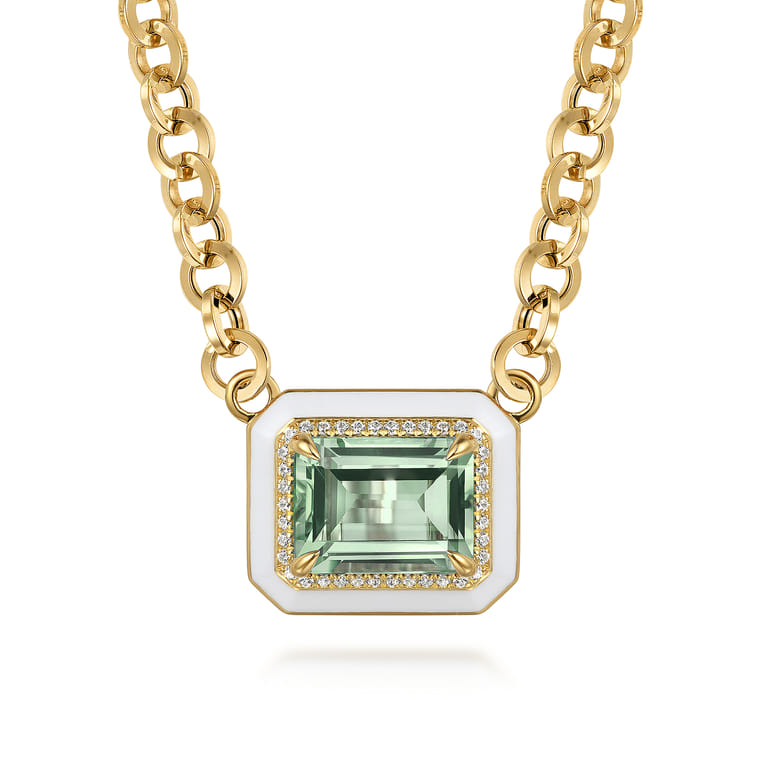 Enamel - 14K Yellow Gold Diamond and Green Amethyst Necklace With Flower Pattern J-Back and White Enamel - 0.19 ct - Shot 1