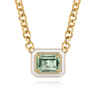 Enamel - 14K Yellow Gold Diamond and Green Amethyst Necklace With Flower Pattern J-Back and White Enamel - 0.19 ct