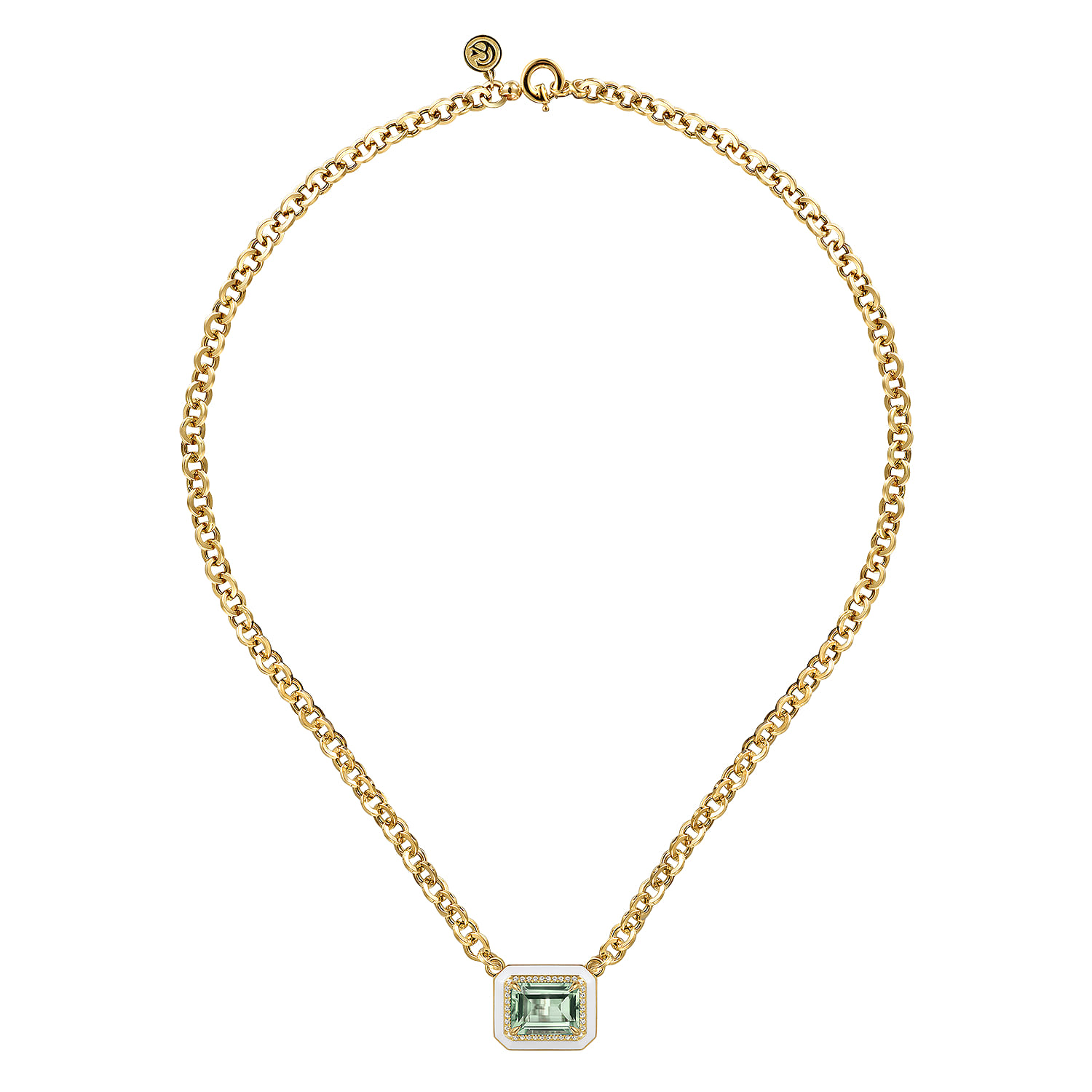 Enamel - 14K Yellow Gold Diamond and Green Amethyst Necklace With Flower Pattern J-Back and White Enamel - 0.19 ct - Shot 2