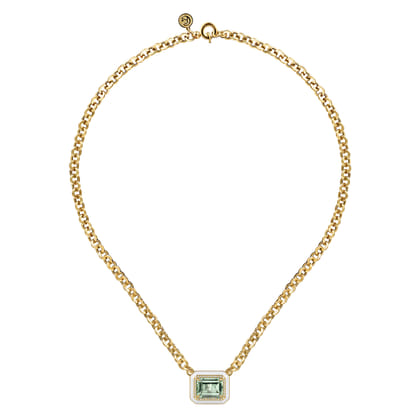 Enamel - 14K Yellow Gold Diamond and Green Amethyst Necklace With Flower Pattern J-Back and White Enamel