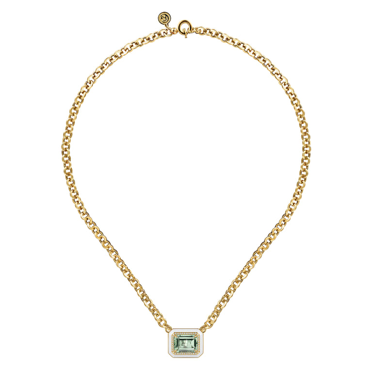 Enamel - 14K Yellow Gold Diamond and Green Amethyst Necklace With Flower Pattern J-Back and White Enamel - 0.19 ct - Shot 2