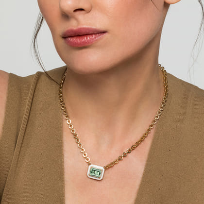 Enamel - 14K Yellow Gold Diamond and Green Amethyst Necklace With Flower Pattern J-Back and White Enamel