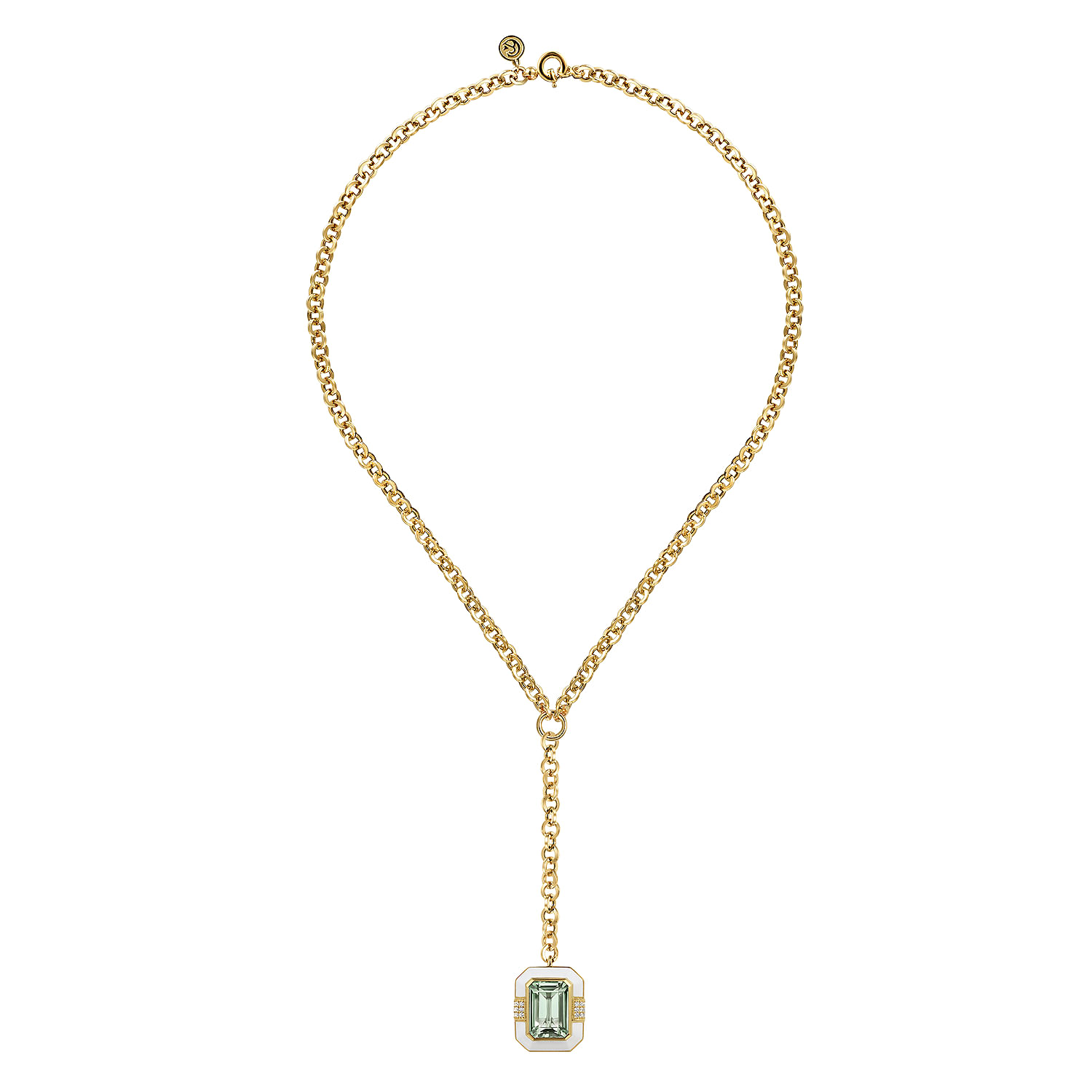 Enamel - 14K Yellow Gold Diamond and Green Amethyst Y-Layer Necklace With Flower Pattern J-Back and White Enamel
