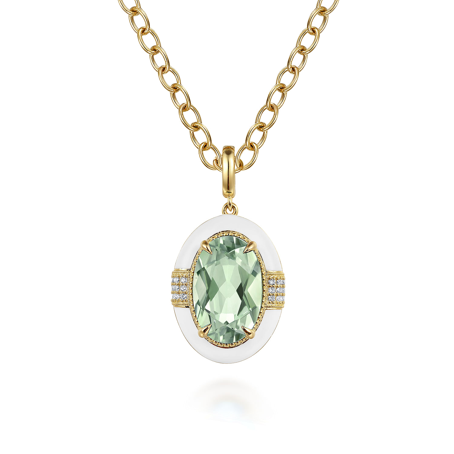 Enamel - 14K Yellow Gold Diamond and Green Amethyst Y-Layer Necklace With Flower Pattern J-Back and White Enamel