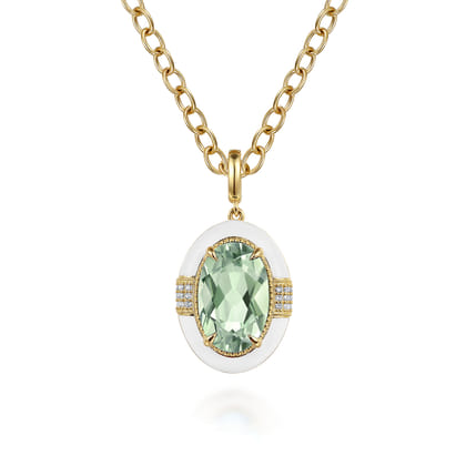Enamel - 14K Yellow Gold Diamond and Green Amethyst Y-Layer Necklace With Flower Pattern J-Back and White Enamel