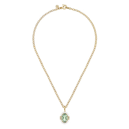 Enamel - 14K Yellow Gold Diamond and Green Amethyst Y-Layer Necklace With Flower Pattern J-Back and White Enamel