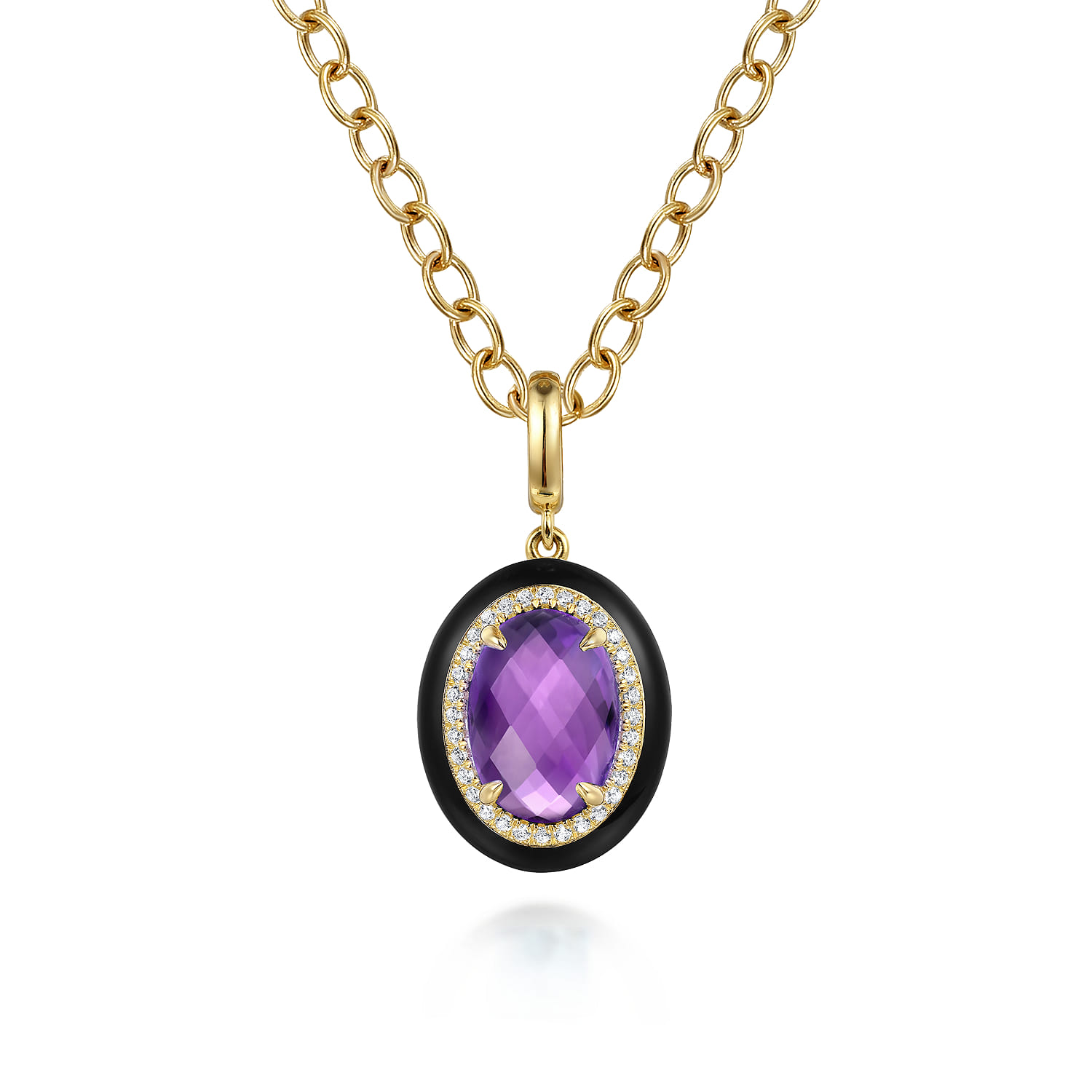 Enamel - 14K Yellow Gold Diamond and Oval Shape Amethyst Necklace With Flower Pattern J-Back and Black Enamel