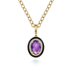 Enamel - 14K Yellow Gold Diamond and Oval Shape Amethyst Necklace With Flower Pattern J-Back and Black Enamel