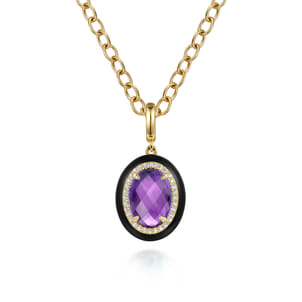 Enamel - 14K Yellow Gold Diamond and Oval Shape Amethyst Necklace With Flower Pattern J-Back and Black Enamel