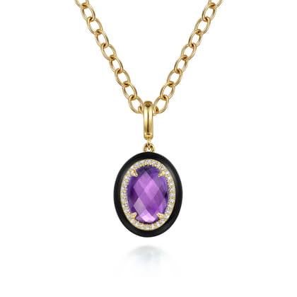 Enamel - 14K Yellow Gold Diamond and Oval Shape Amethyst Necklace With Flower Pattern J-Back and Black Enamel