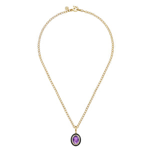 Enamel - 14K Yellow Gold Diamond and Oval Shape Amethyst Necklace With Flower Pattern J-Back and Black Enamel