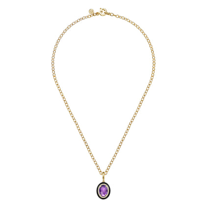 Enamel - 14K Yellow Gold Diamond and Oval Shape Amethyst Necklace With Flower Pattern J-Back and Black Enamel