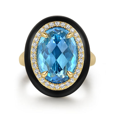 Enamel - 14K Yellow Gold Diamond and Oval Shape Blue Topaz Ladies Ring With Flower Pattern J-Back and Black Enamel