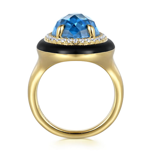 Enamel - 14K Yellow Gold Diamond and Oval Shape Blue Topaz Ladies Ring With Flower Pattern J-Back and Black Enamel - 0.24 ct - Shot 2