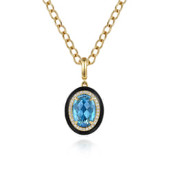 Enamel - 14K Yellow Gold Diamond and Oval Shape Blue Topaz Necklace With Flower Pattern J-Back and Black Enamel