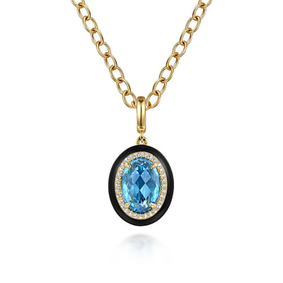 Enamel - 14K Yellow Gold Diamond and Oval Shape Blue Topaz Necklace With Flower Pattern J-Back and Black Enamel