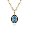 Enamel - 14K Yellow Gold Diamond and Oval Shape Blue Topaz Necklace With Flower Pattern J-Back and Black Enamel - 0.24 ct