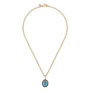 Enamel - 14K Yellow Gold Diamond and Oval Shape Blue Topaz Necklace With Flower Pattern J-Back and Black Enamel
