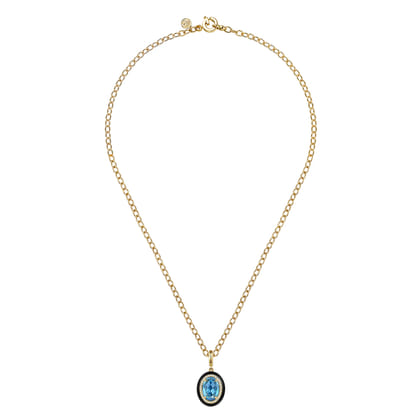 Enamel - 14K Yellow Gold Diamond and Oval Shape Blue Topaz Necklace With Flower Pattern J-Back and Black Enamel