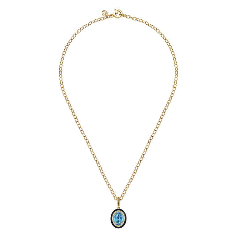 Enamel - 14K Yellow Gold Diamond and Oval Shape Blue Topaz Necklace With Flower Pattern J-Back and Black Enamel - 0.24 ct - Shot 2