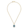 Enamel - 14K Yellow Gold Diamond and Oval Shape Blue Topaz Necklace With Flower Pattern J-Back and Black Enamel - 0.24 ct