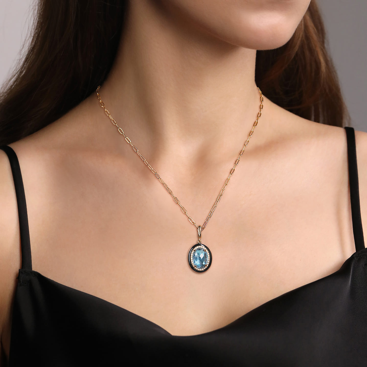 Enamel - 14K Yellow Gold Diamond and Oval Shape Blue Topaz Necklace With Flower Pattern J-Back and Black Enamel