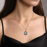Enamel - 14K Yellow Gold Diamond and Oval Shape Blue Topaz Necklace With Flower Pattern J-Back and Black Enamel - 0.24 ct