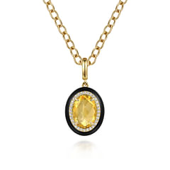Enamel - 14K Yellow Gold Diamond and Oval Shape Citrine Necklace With Flower Pattern J-Back and Black Enamel