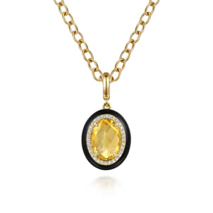 Enamel - 14K Yellow Gold Diamond and Oval Shape Citrine Necklace With Flower Pattern J-Back and Black Enamel