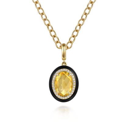Enamel - 14K Yellow Gold Diamond and Oval Shape Citrine Necklace With Flower Pattern J-Back and Black Enamel