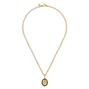 Enamel - 14K Yellow Gold Diamond and Oval Shape Citrine Necklace With Flower Pattern J-Back and Black Enamel