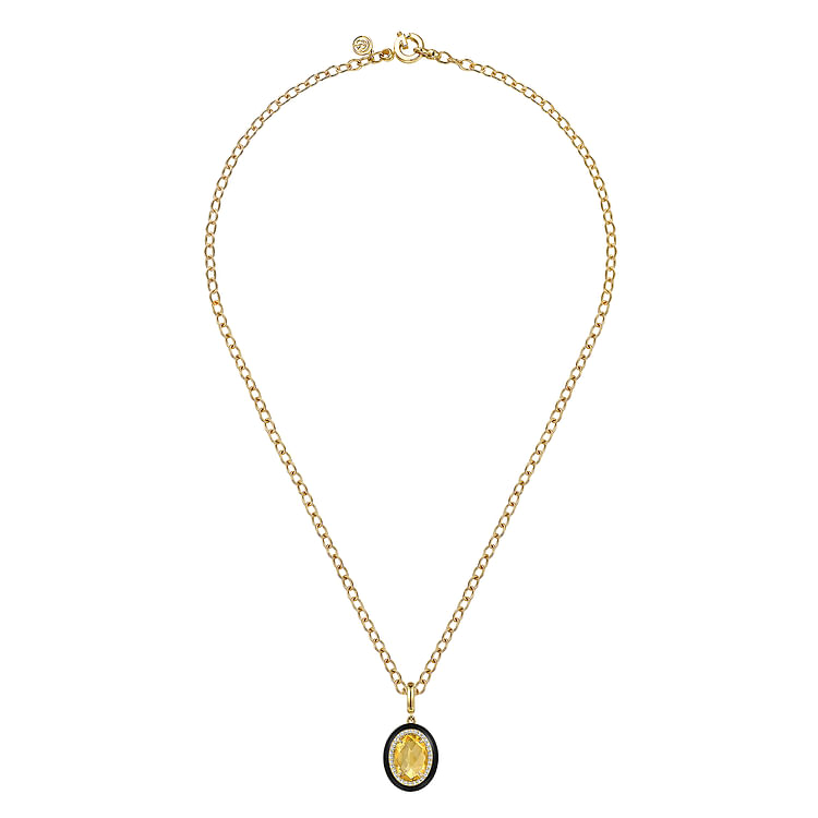 Enamel - 14K Yellow Gold Diamond and Oval Shape Citrine Necklace With Flower Pattern J-Back and Black Enamel
