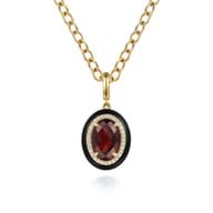 Enamel - 14K Yellow Gold Diamond and Oval Shape Garnet Necklace With Flower Pattern J-Back and Black Enamel