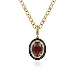 Enamel - 14K Yellow Gold Diamond and Oval Shape Garnet Necklace With Flower Pattern J-Back and Black Enamel