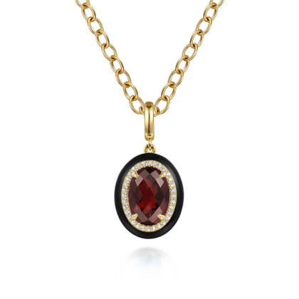 Enamel - 14K Yellow Gold Diamond and Oval Shape Garnet Necklace With Flower Pattern J-Back and Black Enamel
