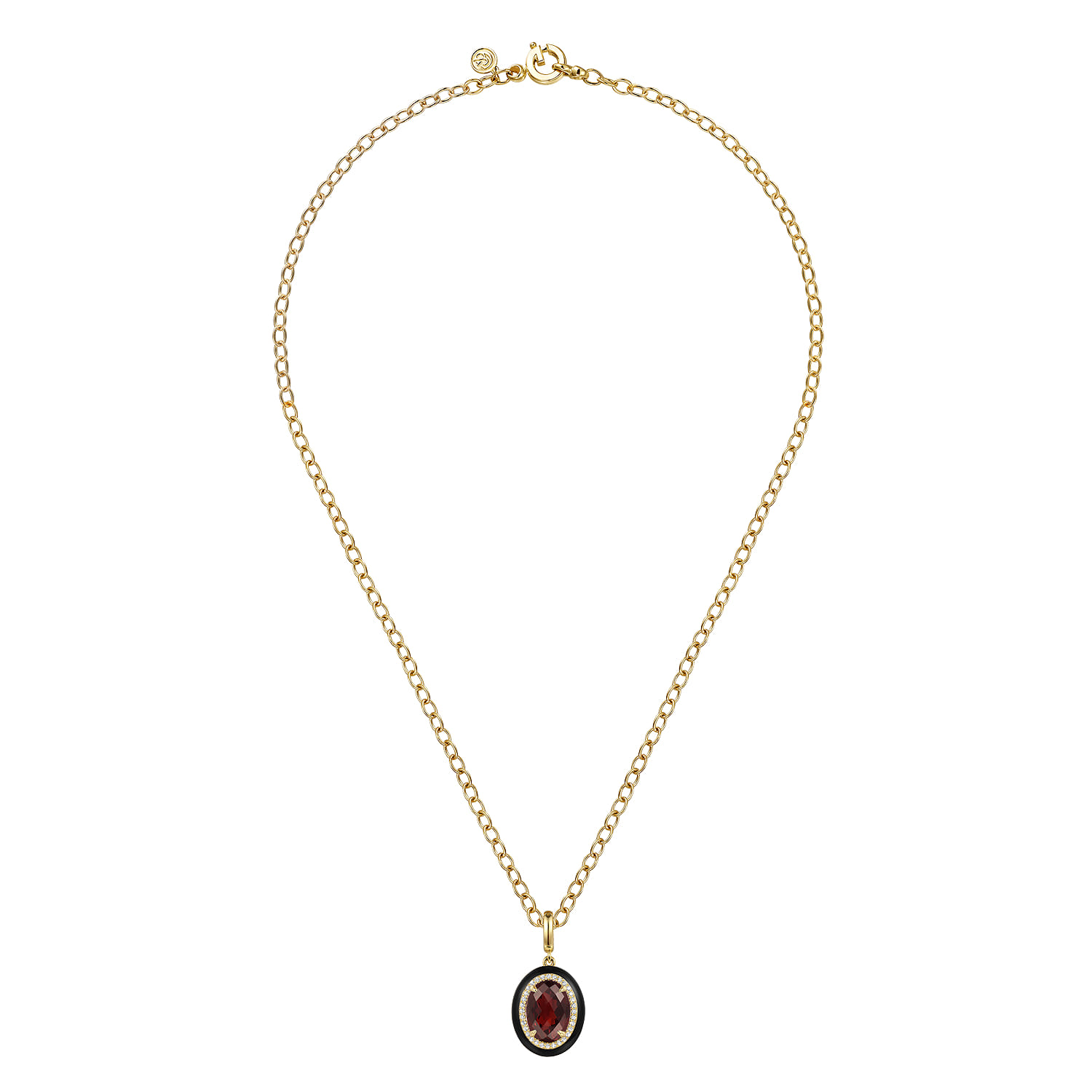Enamel - 14K Yellow Gold Diamond and Oval Shape Garnet Necklace With Flower Pattern J-Back and Black Enamel