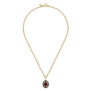 Enamel - 14K Yellow Gold Diamond and Oval Shape Garnet Necklace With Flower Pattern J-Back and Black Enamel