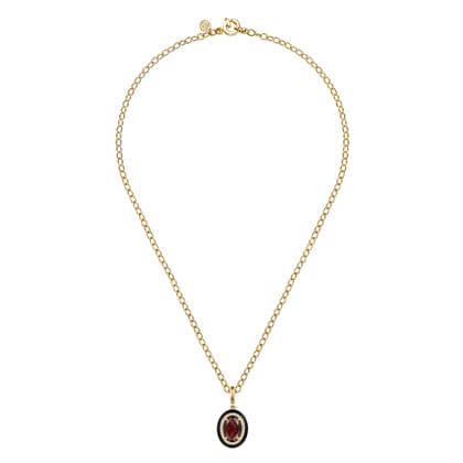 Enamel - 14K Yellow Gold Diamond and Oval Shape Garnet Necklace With Flower Pattern J-Back and Black Enamel