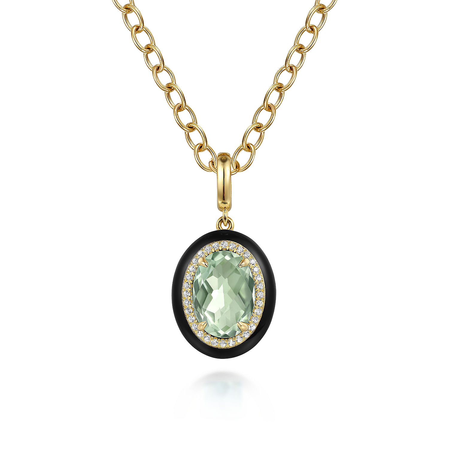 Enamel - 14K Yellow Gold Diamond and Oval Shape Green Amethyst Necklace With Flower Pattern J-Back and Black Enamel