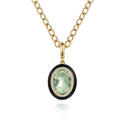 Enamel - 14K Yellow Gold Diamond and Oval Shape Green Amethyst Necklace With Flower Pattern J-Back and Black Enamel