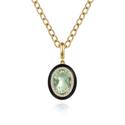 Enamel - 14K Yellow Gold Diamond and Oval Shape Green Amethyst Necklace With Flower Pattern J-Back and Black Enamel
