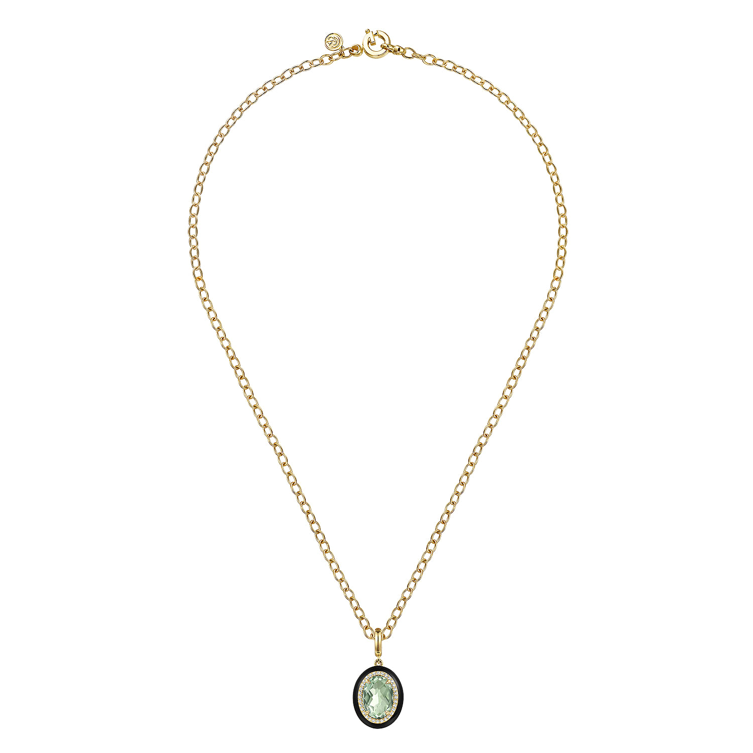 Enamel - 14K Yellow Gold Diamond and Oval Shape Green Amethyst Necklace With Flower Pattern J-Back and Black Enamel