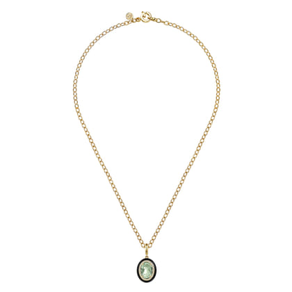 Enamel - 14K Yellow Gold Diamond and Oval Shape Green Amethyst Necklace With Flower Pattern J-Back and Black Enamel