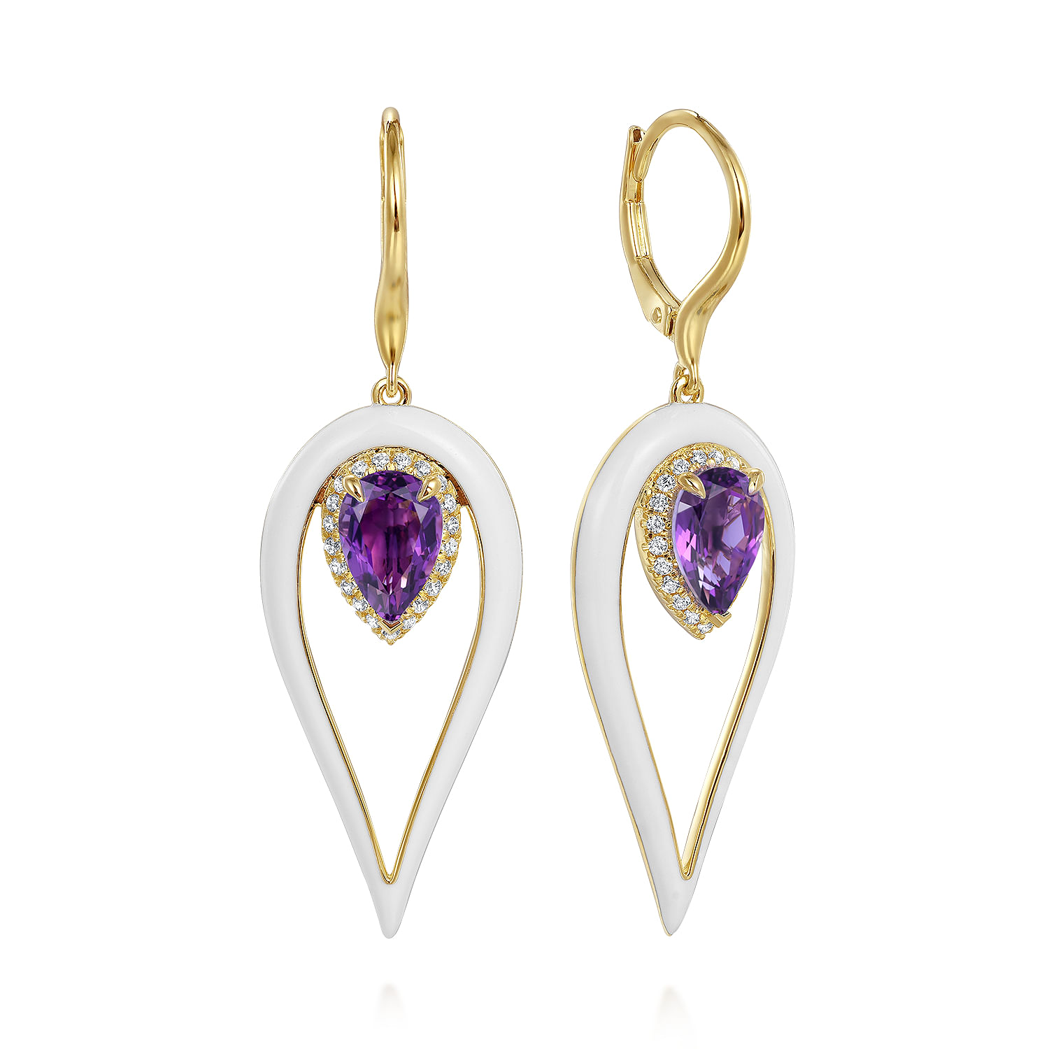 Enamel - 14K Yellow Gold Diamond and Pear Amethyst Drop Earrings with White Enamel