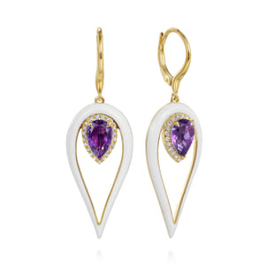 Enamel - 14K Yellow Gold Diamond and Pear Amethyst Drop Earrings with White Enamel