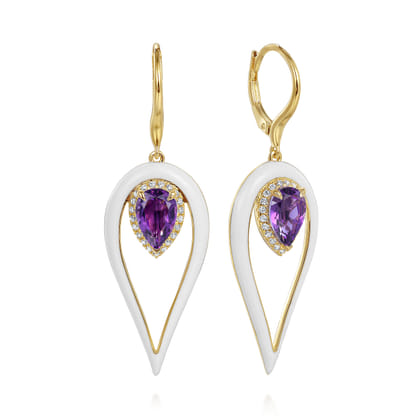 Enamel - 14K Yellow Gold Diamond and Pear Amethyst Drop Earrings with White Enamel