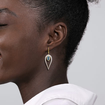 Enamel - 14K Yellow Gold Diamond and Pear Blue Topaz Drop Earrings with White Enamel