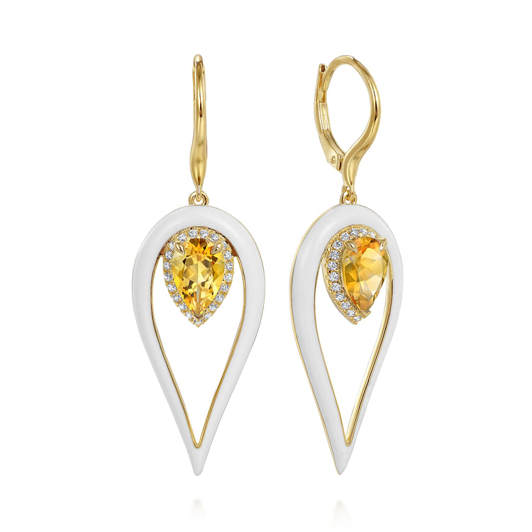 Enamel - 14K Yellow Gold Diamond and Pear Citrine Drop Earrings with White Enamel