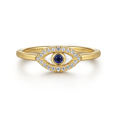 Enamel - 14K Yellow Gold Diamond and Sapphire Evil-Eye Ladies Ring with White Enamel